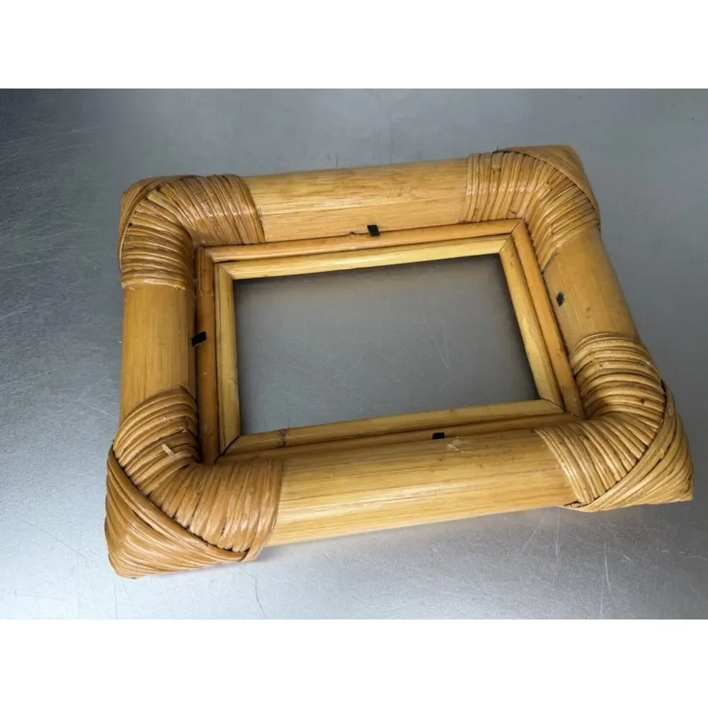 Vintage Bamboo Rattan Easel Picture Frame Boho MCM Decor No Glass 8 X 6in